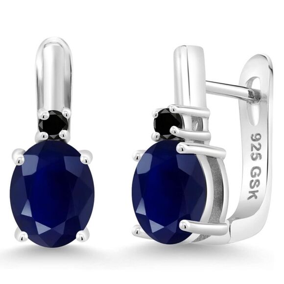 925 Sterling Silver with 5.13 Cttw Navy Blue Sapphire and Black Diamond Earrings